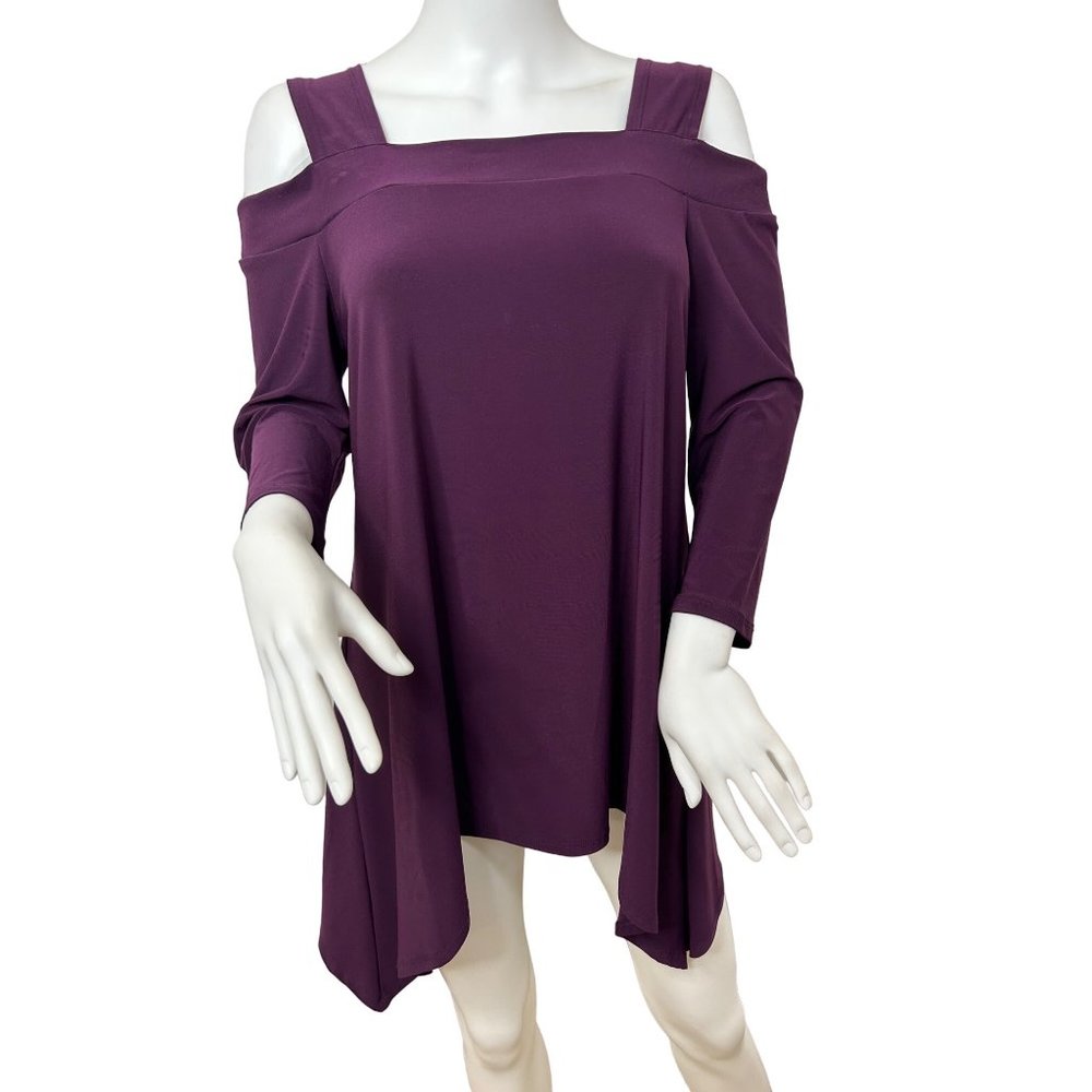 Come N. See Women’s Tunic Top Cold Shoulder S Purple Square Neck 3/4 Sleeves